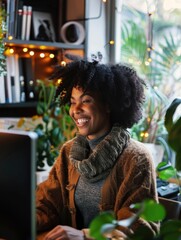 Wall Mural - A young woman working on a computer in an office, smiling at the camera with satisfaction and focus.