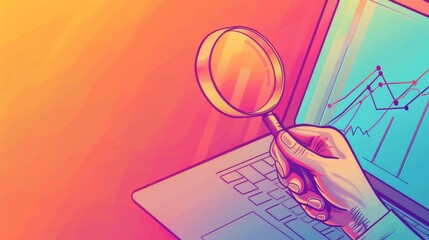 Poster - Data Analysis and Growth Strategy: Hand Holding Magnifying Glass Over Laptop Screen - A hand holding a magnifying glass over a laptop screen showing a graph. This represents data analysis, research, a