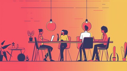 Poster - Diverse Team Collaborating at a Modern Office Table - Four individuals, representing diverse backgrounds and genders, engage in a productive meeting around a modern office table. The minimalist design