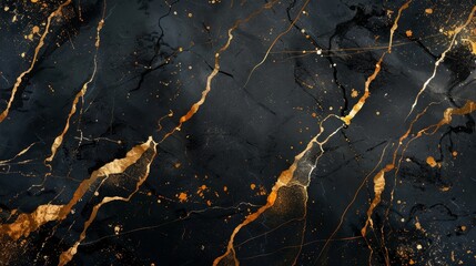 Poster - Elegant Black Marble with Gold Veins Texture Background - This image features a close-up of a black marble surface with intricate gold veins and subtle gold speckles, symbolizing luxury, sophisticatio