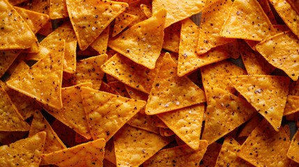 delicious and crunchy nacho chips, close up view showing texture and spices on top.