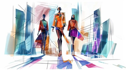 Poster - Fashionable Women Strolling Through a Vibrant Cityscape - Three stylish women walk confidently through an abstract city setting, showcasing contemporary fashion and urban energy. The bright colors and