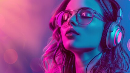 Wall Mural - Woman Listening to Music in Neon Light