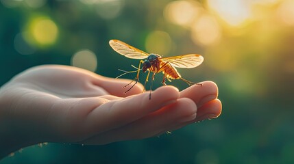 Canvas Print - Mosquito on a Hand Against a Blurred Green Background