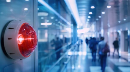 Wall Mural - A bright red fire alarm light and button are activated on the wall as people move through the busy indoor space. Generative AI