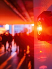 Aufkleber - A bright red fire alarm with a flashing light and button is mounted on a wall in a bustling indoor area filled with people. Generative AI