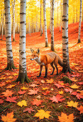 Wall Mural - Autumn Leaves Falling in a Sunlit Forest