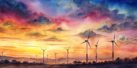 Wall Mural - Wind turbines spinning against a vibrant sunset sky