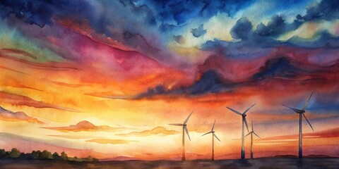 Wall Mural - Wind turbines spinning against a vibrant sunset sky