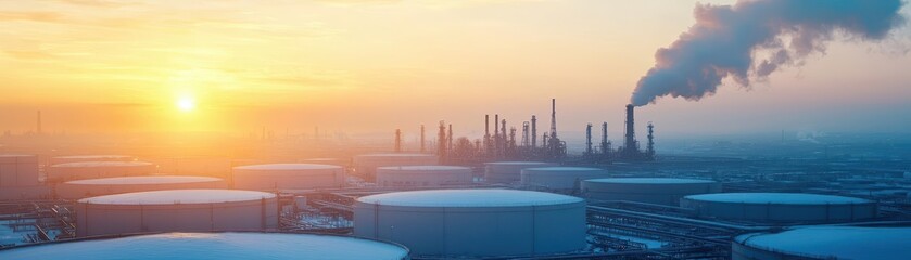 aerial view of oil refinery tanks at sunset.