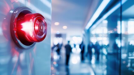 Aufkleber - A bright red fire alarm with a flashing light signals an emergency alert on a wall in a busy public building. Generative AI