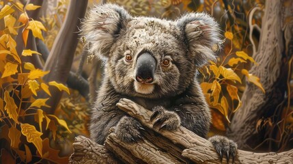 a detailed digital of a captivating koala bear perched on a tree branch in a lush autumnal forest en