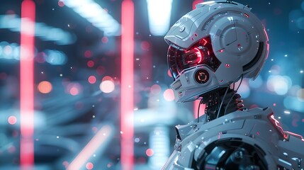 Poster - Futuristic robot in a neon-lit environment, showcasing advanced technology and artificial intelligence in a sci-fi setting.