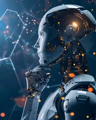 Poster - Futuristic robot contemplating digital interface, highlighting artificial intelligence and technological advancement in a high-tech environment.
