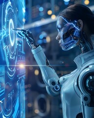 Poster - Futuristic robot interacting with a high-tech digital screen in a modern, advanced technology laboratory setting.