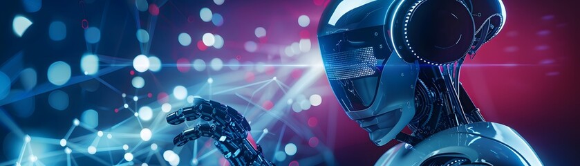Poster - Futuristic robot with artificial intelligence interacting with digital interface, symbolizing advanced technology and innovation.