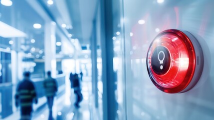 Aufkleber - A bright red fire alarm button is illuminated on the wall, ready for use as people walk through a bustling public building corridor. Generative AI