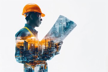 A man in an orange hard hat is reading a blueprint