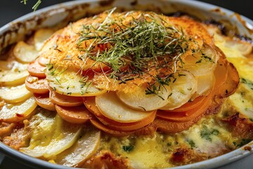 Wall Mural - Potato and sweet potato gratin with Provence herbs is baked in the oven