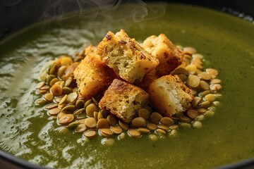 Wall Mural - Velvety green lentil soup with homemade croutons