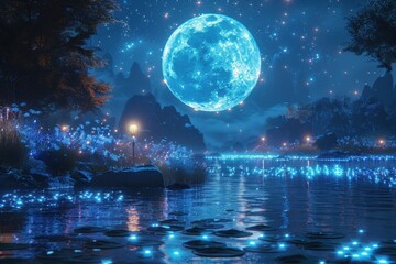 A large blue moon is in the sky above a body of water