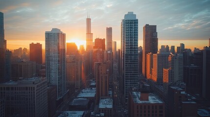 Canvas Print - Cityscape with Tall Buildings and a Setting Sun