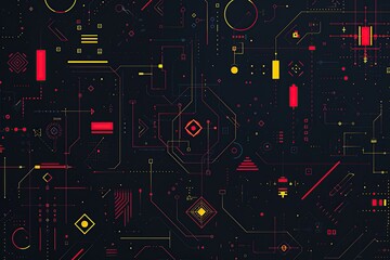 Poster - A dark background with various geometric shapes in red, yellow and black