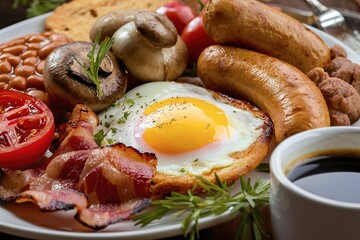 Wall Mural - A plate of breakfast food with bacon, eggs, and sausage