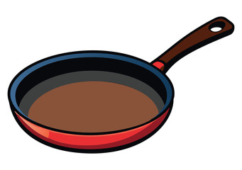 Red and blue frying pan with brown liquid inside. Vector illustration