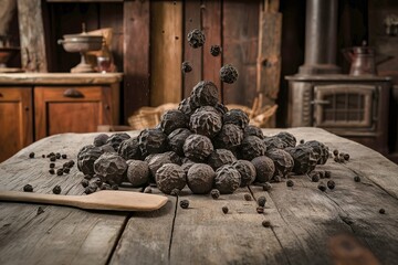 Wall Mural - A pile of black pepper balls on a wooden table