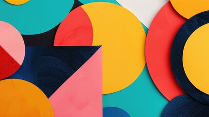 Poster - Vibrant and contemporary abstract composition featuring a collage of overlapping geometric cut out shapes in a variety of bold contrasting colors