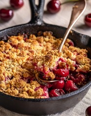 Sartén con crumble de cerezas rojas recién  hecho casero