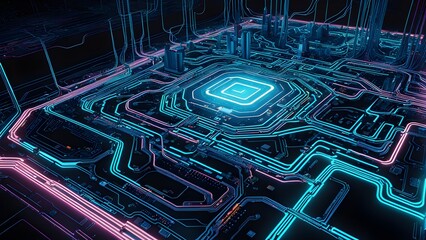 A computer chip with neon colors and a square in the middle