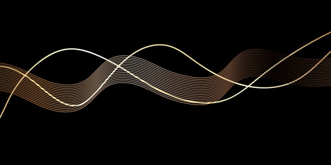 Sticker - Abstract curved yellow lines on white. . Thin line wavy  black background. Abstract gold lines wave curve motion on black background. White abstract wave thin curved lines graphic for design.