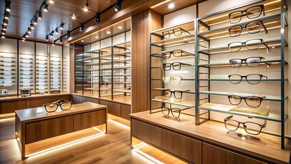 Wall Mural - A Symphony of Spectacles: Modern Optical Shop with Sleek Glass and Gleaming Frames  AI generated