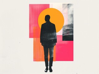 Poster - Captivating minimalist collage artwork featuring a stylized human silhouette against a backdrop of geometric shapes and vibrant  contrasting colors  The abstract design creates a modern  contemporary