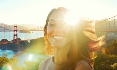 Canvas Print - Portrait of a beautiful middle-aged woman smiling while standing in front of the Golden Gate Bridge, San Francisco, California, USA