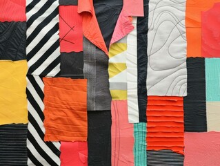 Poster - Vibrant and modern collage of layered geometric fabric textures cut out designs and contrasting colors creating a visually striking and composition