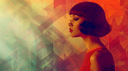 Wall Mural - A woman in 1920s fashion, with a short bob haircut, set against an abstract background of geometric shapes and muted pastels.