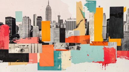 Poster - Vibrant and dynamic urban architectural collage featuring cut out shapes and elements of modern city skyline skyscrapers and other urban design components in a contemporary abstract style