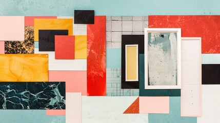 Poster - Vibrant Geometric Cut out Collage with Urban Architectural Elements  Featuring an abstract composition of colorful shapes patterns and fragments of buildings windows and tiles creating a dynamic