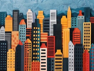 Poster - Vibrant Layered Cityscape Cut Out Collage with Overlapping Geometric Skyscrapers and Modern Urban Architecture  Stylized digital with a dimensional assembled composition of colorful