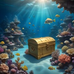 Wall Mural - A golden treasure chest under the sea, resting near a bustling coral garden filled with various species of calm reef fish