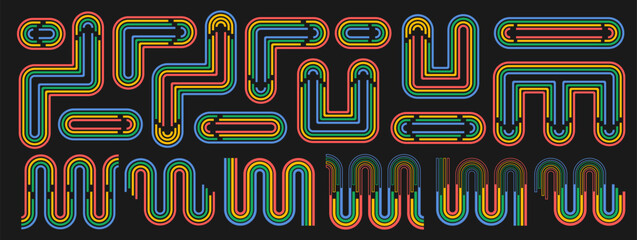 Wall Mural - Set of abstract colorful rainbow arrows, arches in retro, groovy, 70s, 60s style. Isolated striped elements for banners, posters, presentations, flyers with negative space on black. Vector EPS10