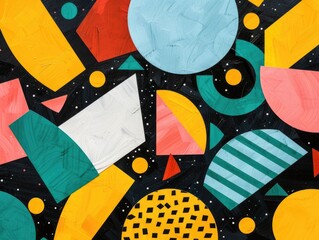 Poster - Vibrant Geometric Abstract Collage with Overlapping Shapes and Vivid Colors   A visually striking imaginative and contemporary digital art composition featuring an array of geometric shapes patterns