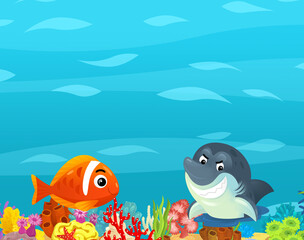 Wall Mural - Cartoon ocean and sea coral reef animals of underwater kingdom swimming diving wit illustration for kids