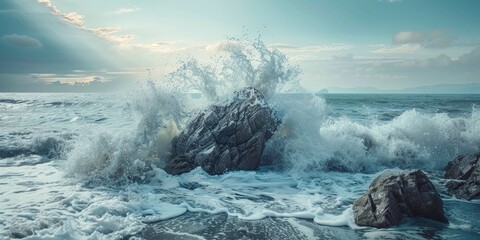 Wall Mural - Coastal sea rock being struck by waves