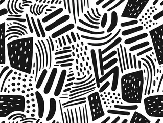 Poster - Doodle Art Abstract Sketches with Intricate Geometric Patterns and Designs  Stylized Black and White Monochrome with Repeating Shapes Marks and Symbols