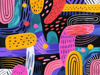 Poster - Energetic and visually captivating abstract geometric doodle art featuring a dynamic composition of vibrant colorful shapes  patterns  and forms