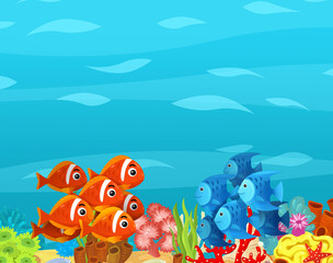 Wall Mural - Cartoon ocean and sea coral reef animals of underwater kingdom swimming diving wit illustration for kids